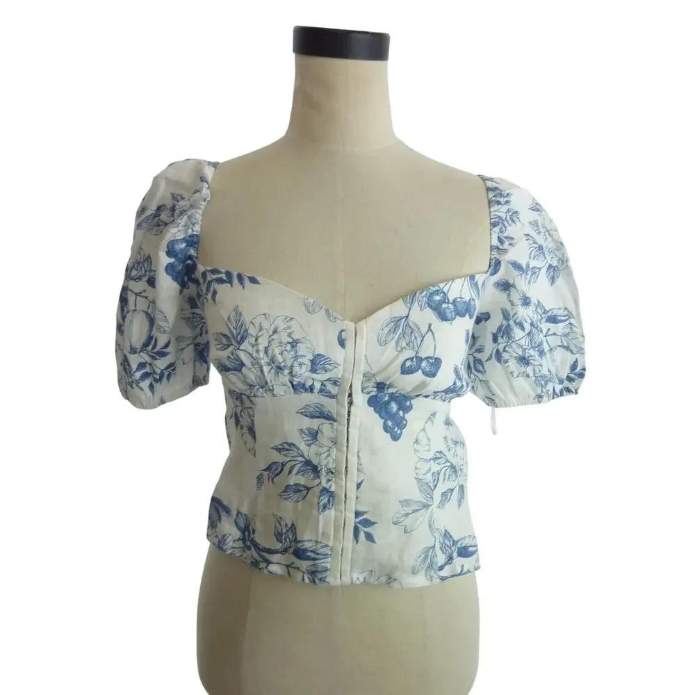 Reformation Rome Linen Top 2 Womens White Blue Floral Grape Blouse Bustier Puff